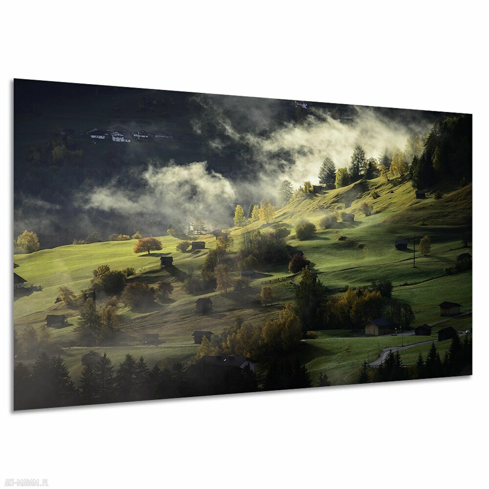 Obraz na płótnie Góry we mgle, las i wioska 120x80 cm