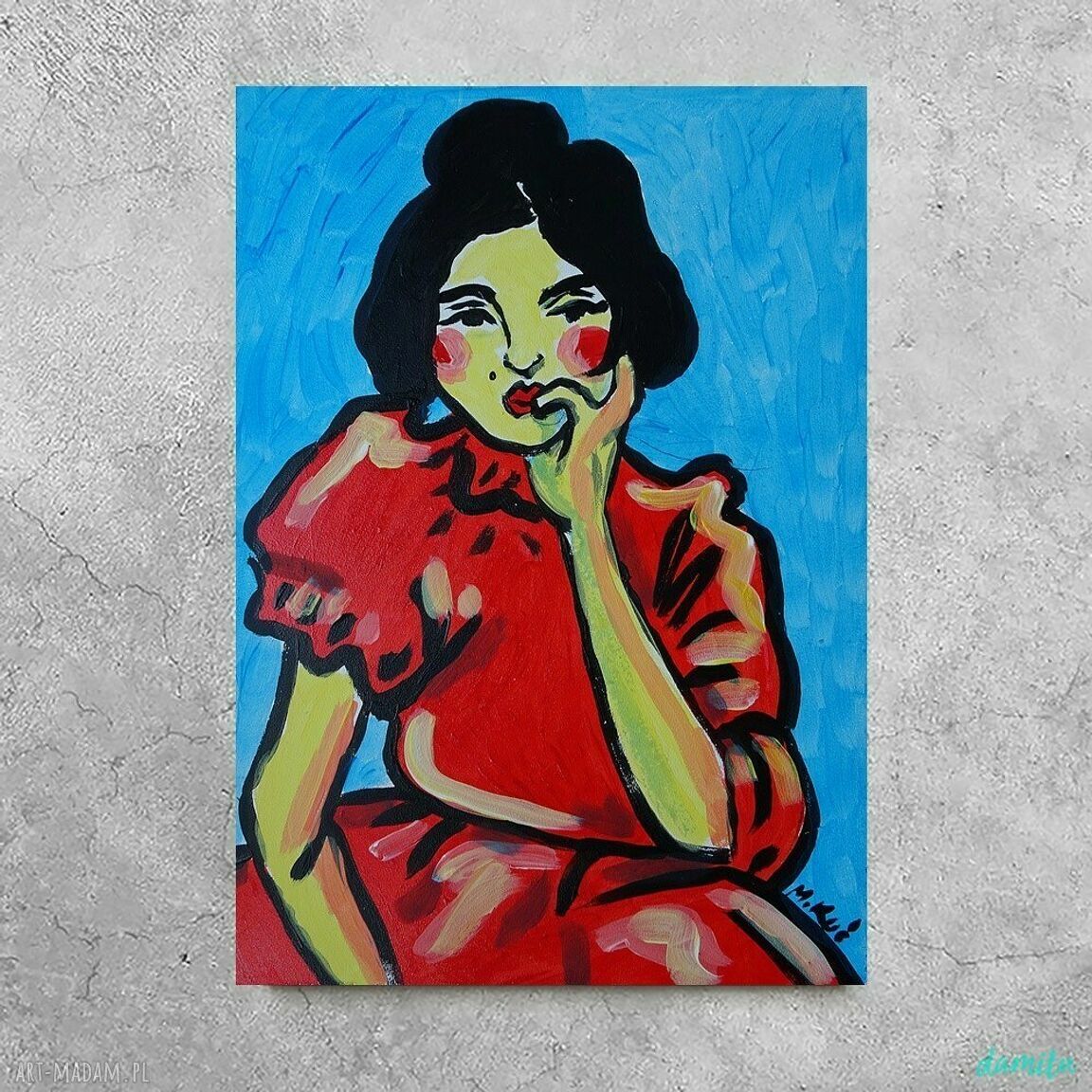 Hiszpanka - portret do salonu malowany akrylami na płycie, sygnowany