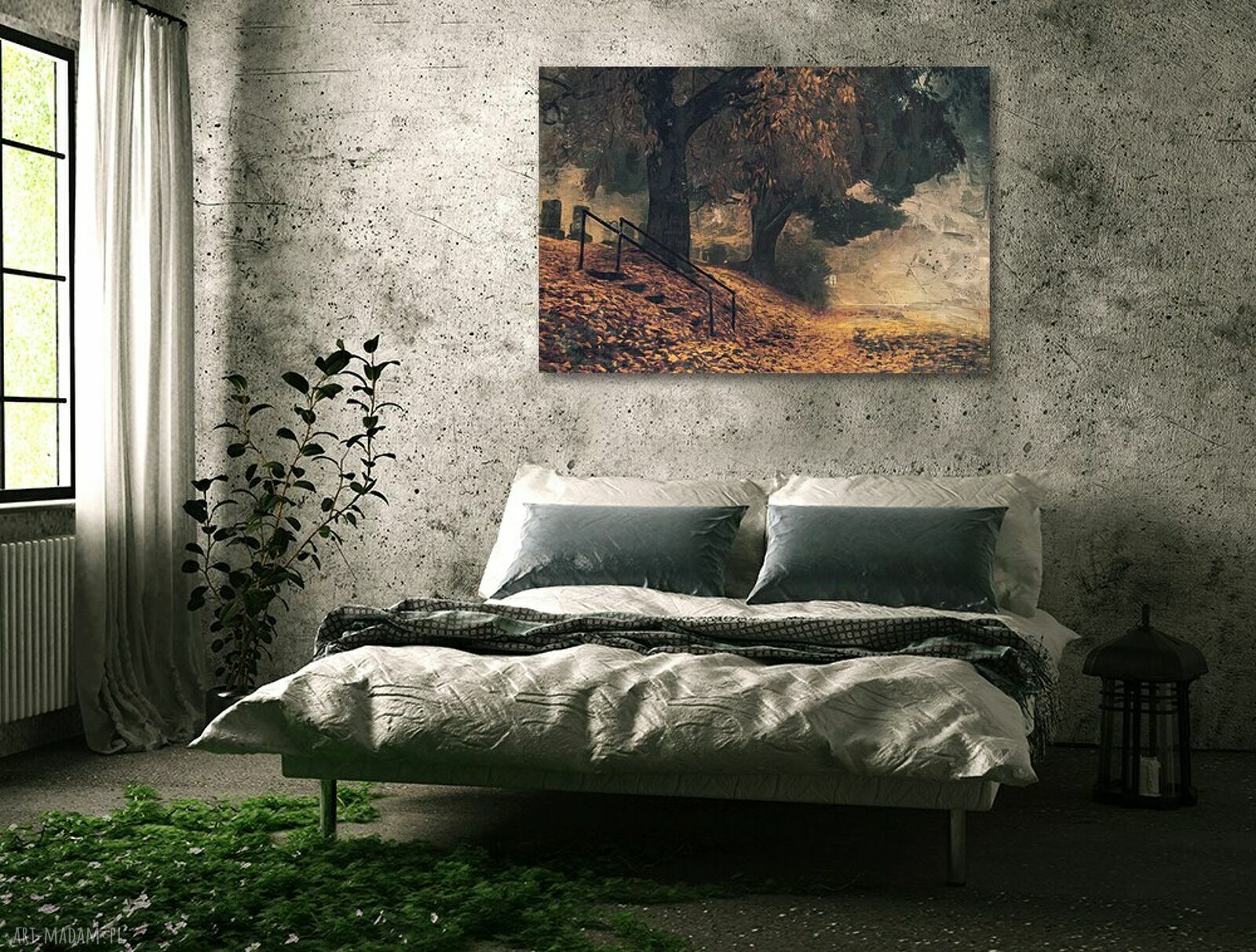 Jesienny park - obraz na płótnie z lasem, drzewami i schodami 120x80 cm