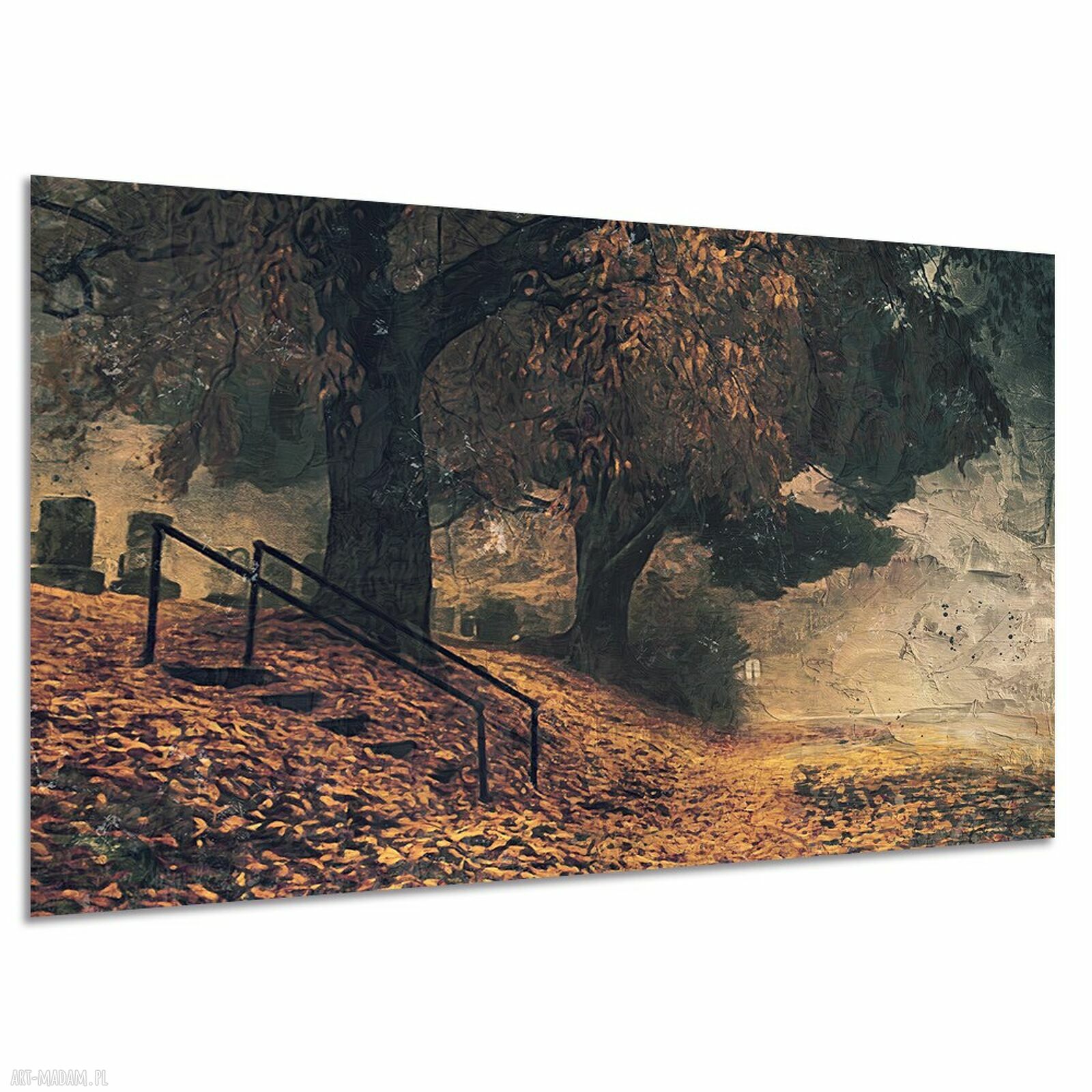 Jesienny park - obraz na płótnie z lasem, drzewami i schodami 120x80 cm