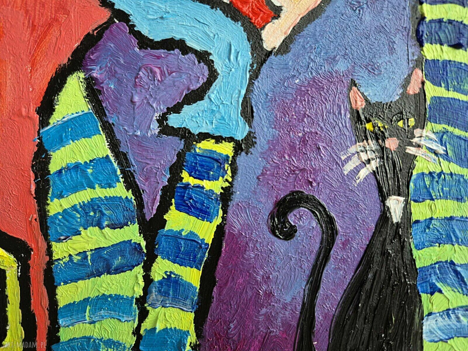 Obraz olejny do salonu - Babcia i kot w stylu fowizmu (21x29 cm)