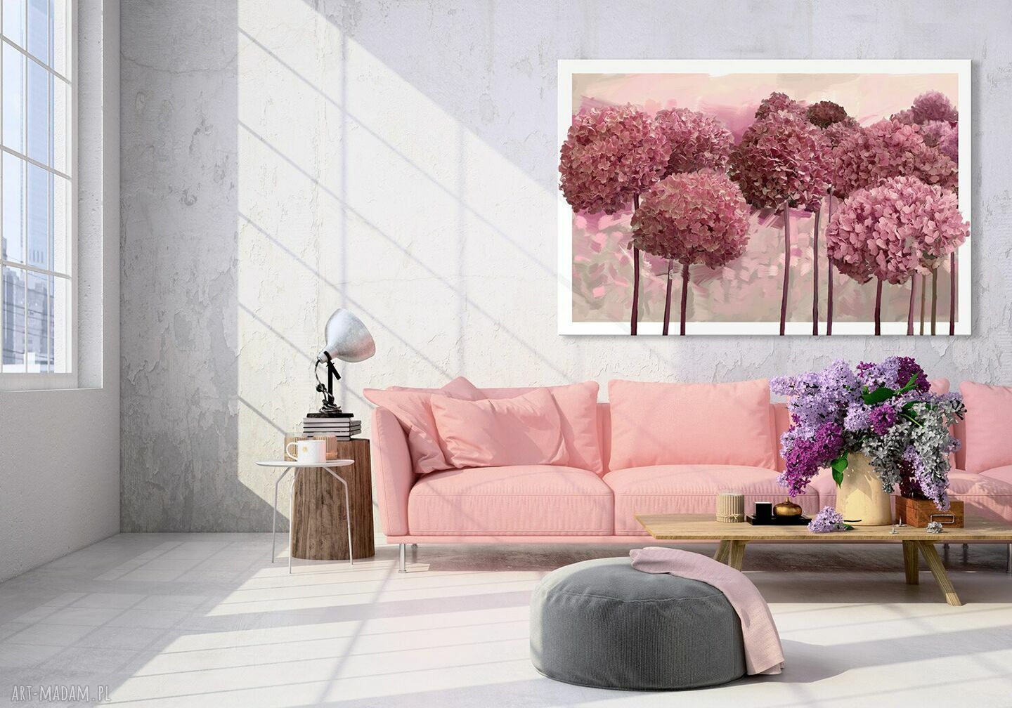 Obraz do salonu drukowany na płótnie - różowe hortensje 120x80 cm 0365
