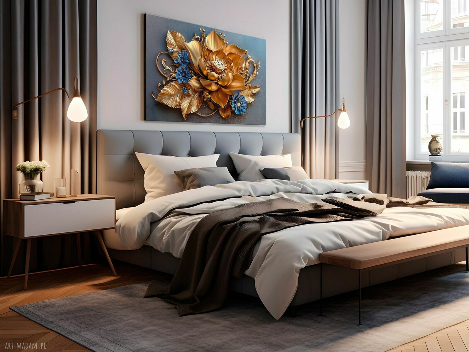Obraz do salonu „Złoty Kwiat 3D” z niebieskimi akcentami - 70x50 cm (na płótnie)