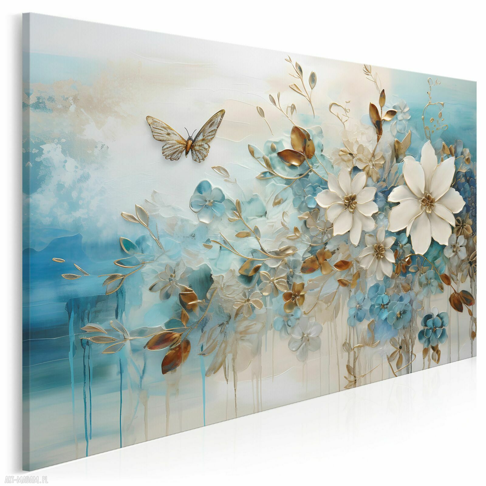 Obraz do salonu Kwiaty 3D z motylem i złotymi liśćmi - 70x50 cm