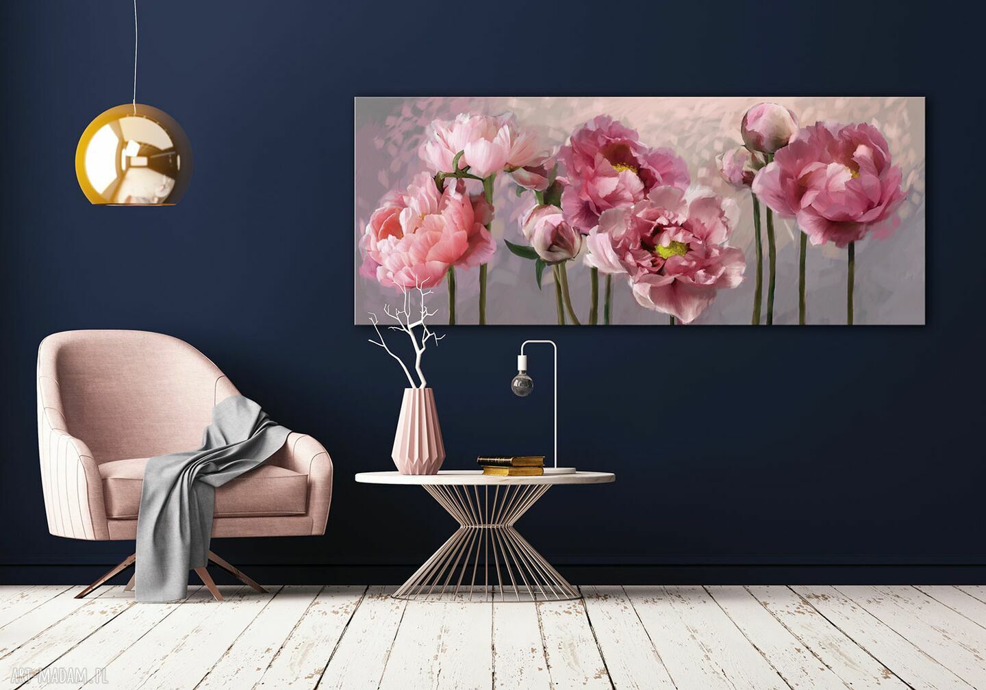 Obraz do salonu z różowymi piwoniami na płótnie 147x60 cm