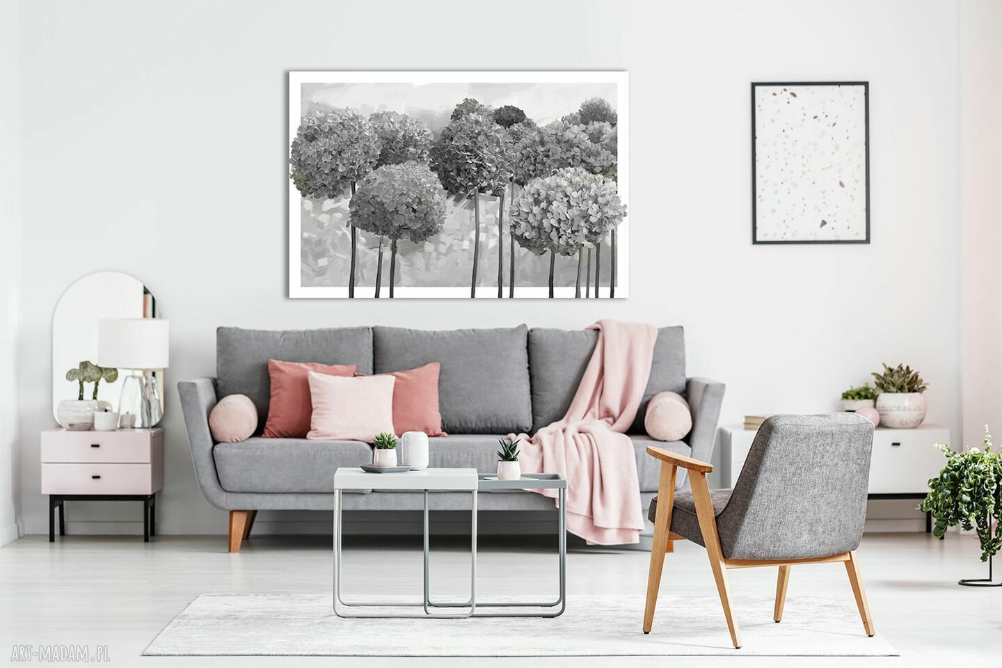 Obraz do salonu z hortensjami w szarościach 120x80 - gotowy do zawieszenia