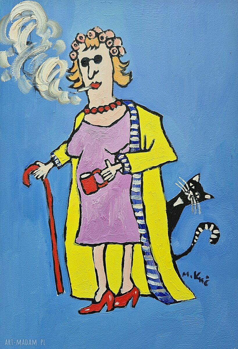 Ręcznie malowany obraz do salonu - portret kobiety "Babcia z pieskiem"
