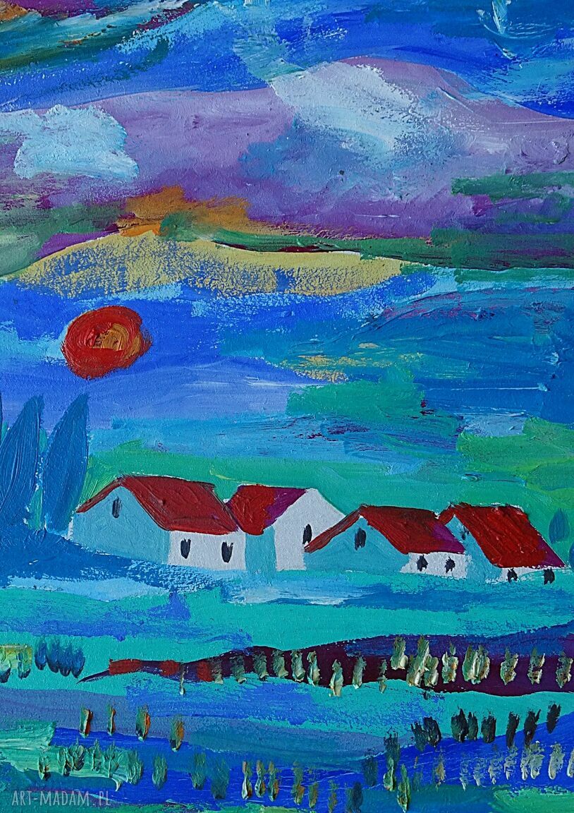 Obraz do salonu Pejzaż surrealistyczny - malowany akrylami na płycie A4