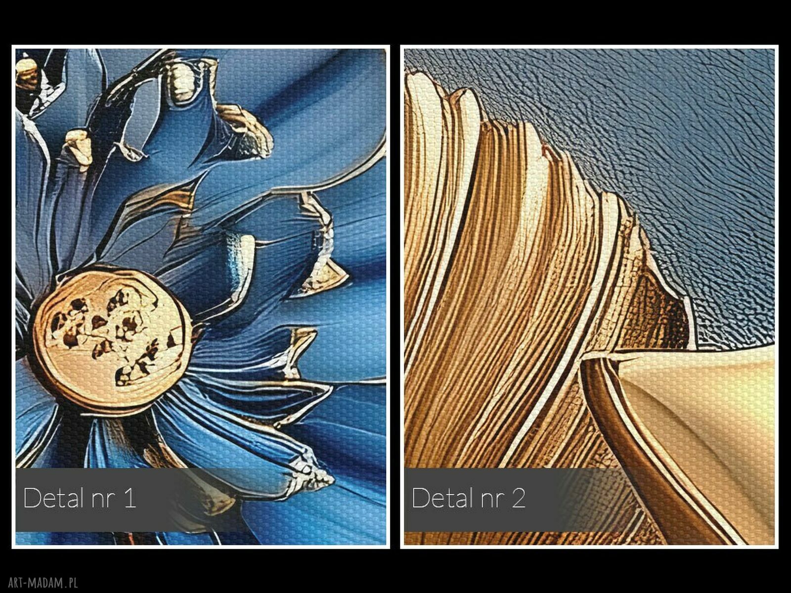 Obraz do salonu „Złoty Kwiat 3D” z niebieskimi akcentami - 70x50 cm (na płótnie)