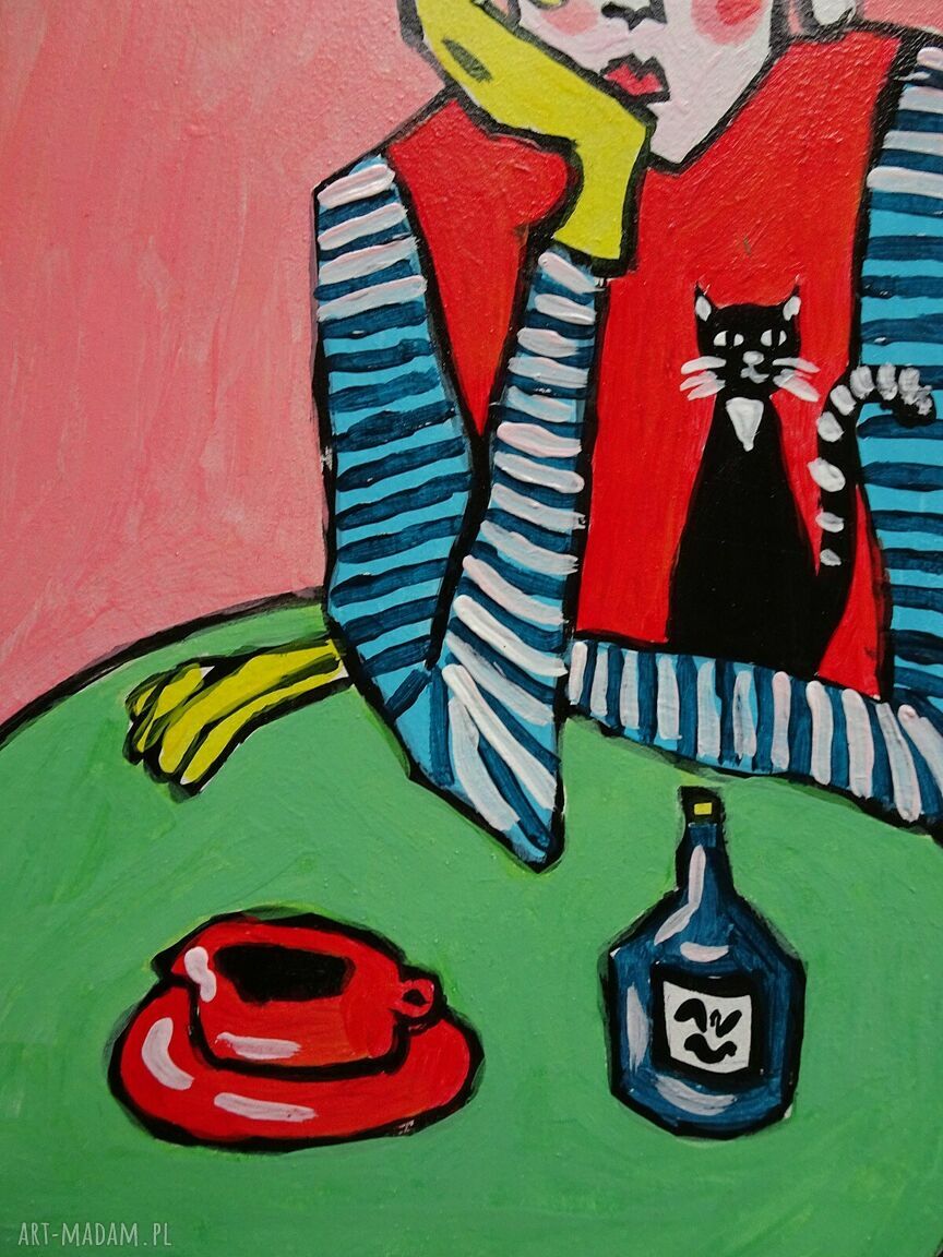 Obraz do salonu Babcia z czarnym kotkiem - ręcznie malowany akryl