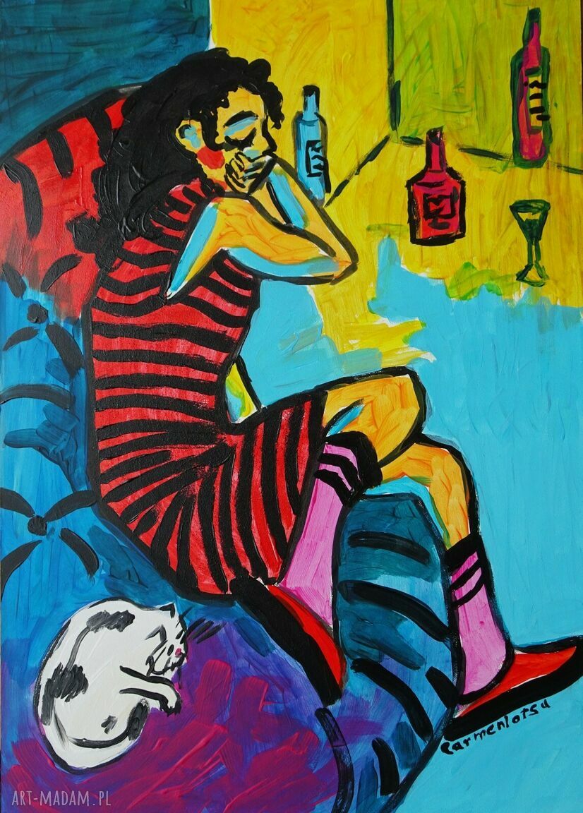 Obraz do salonu Dziewczyna z kotem 30 x 42 cm