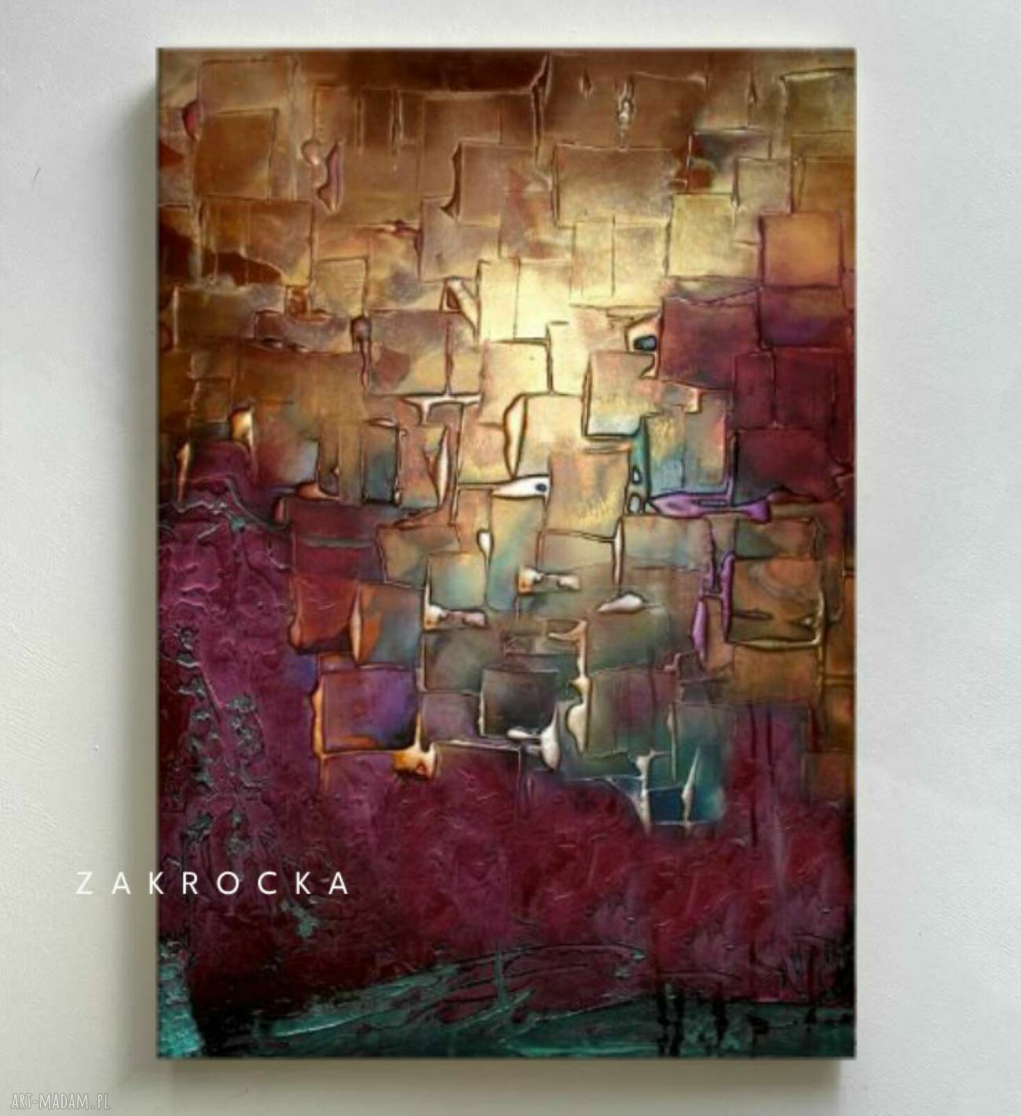 Obraz do salonu z rzeźbą Śliwka w złocie 80x120 cm - struktura i złote akcenty