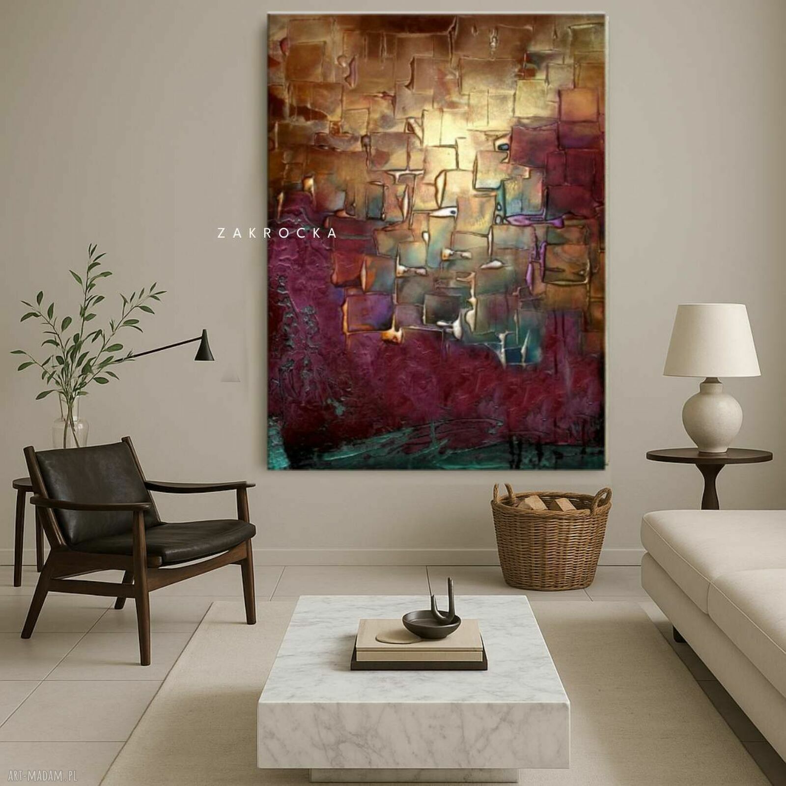 Obraz do salonu z rzeźbą Śliwka w złocie 80x120 cm - struktura i złote akcenty