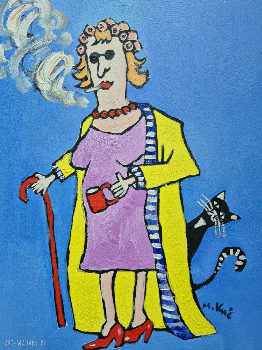 Ręcznie malowany obraz do salonu - portret kobiety "Babcia z pieskiem"