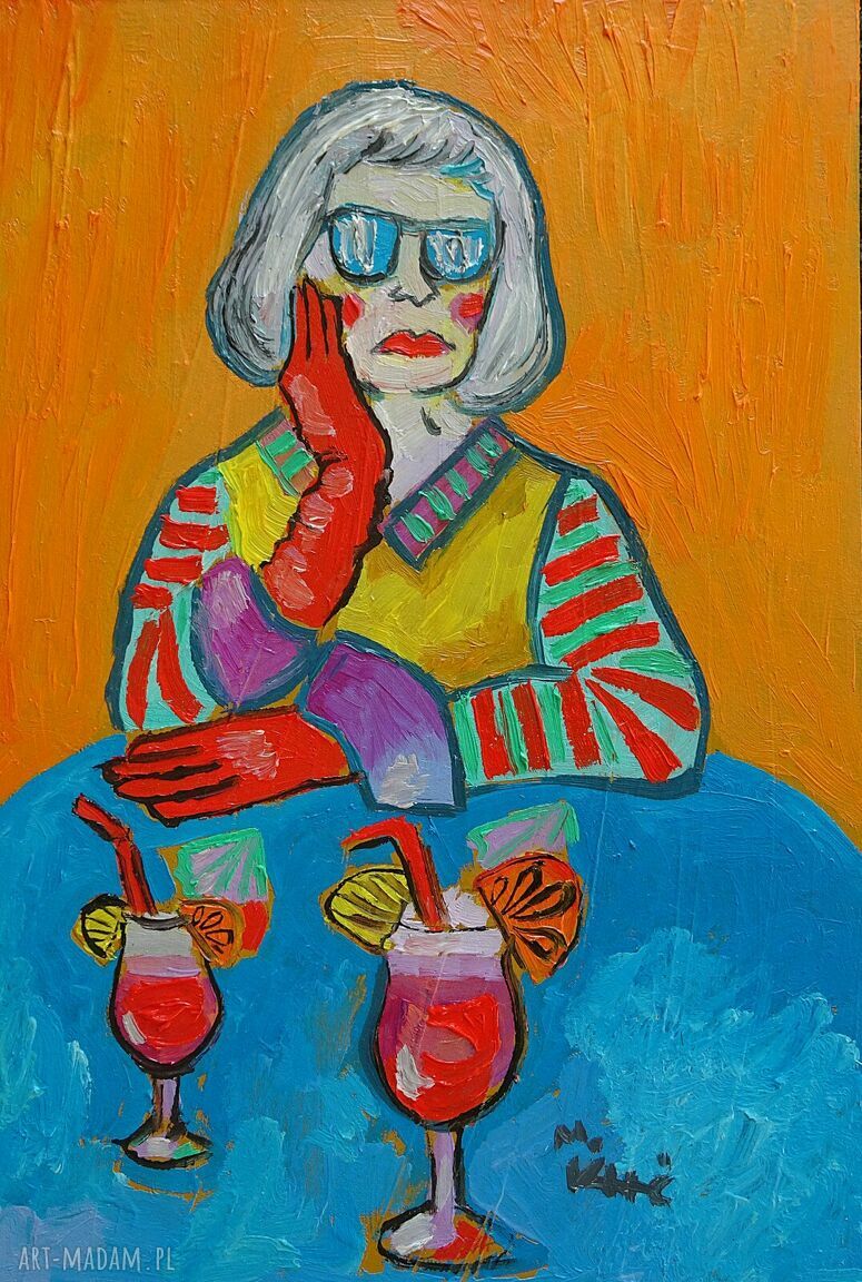 Olejny portret babci z drinkiem - ręcznie malowany