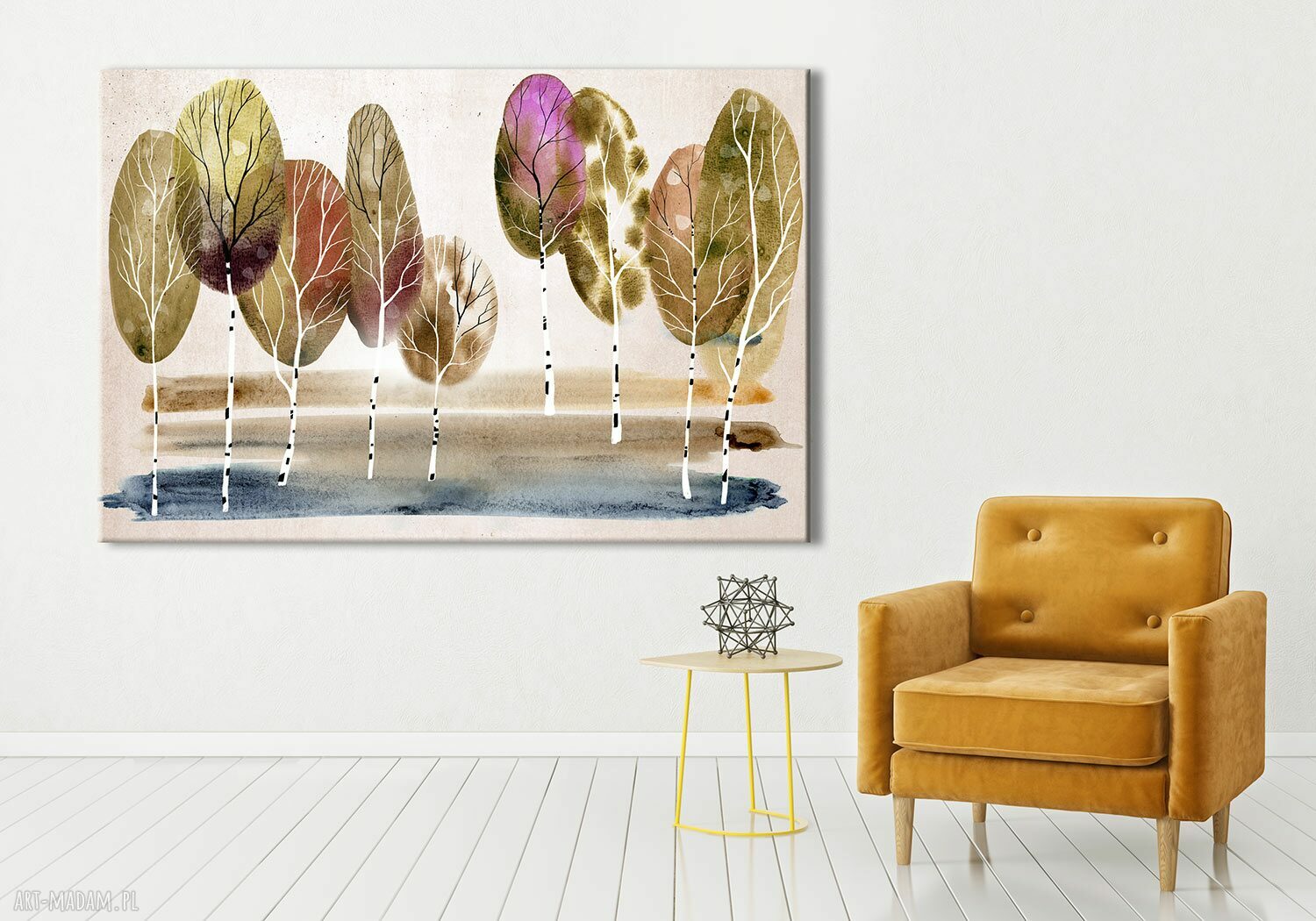 Akwarelowy pejzaż z brzozami - obraz do salonu na płótnie 120x80 cm