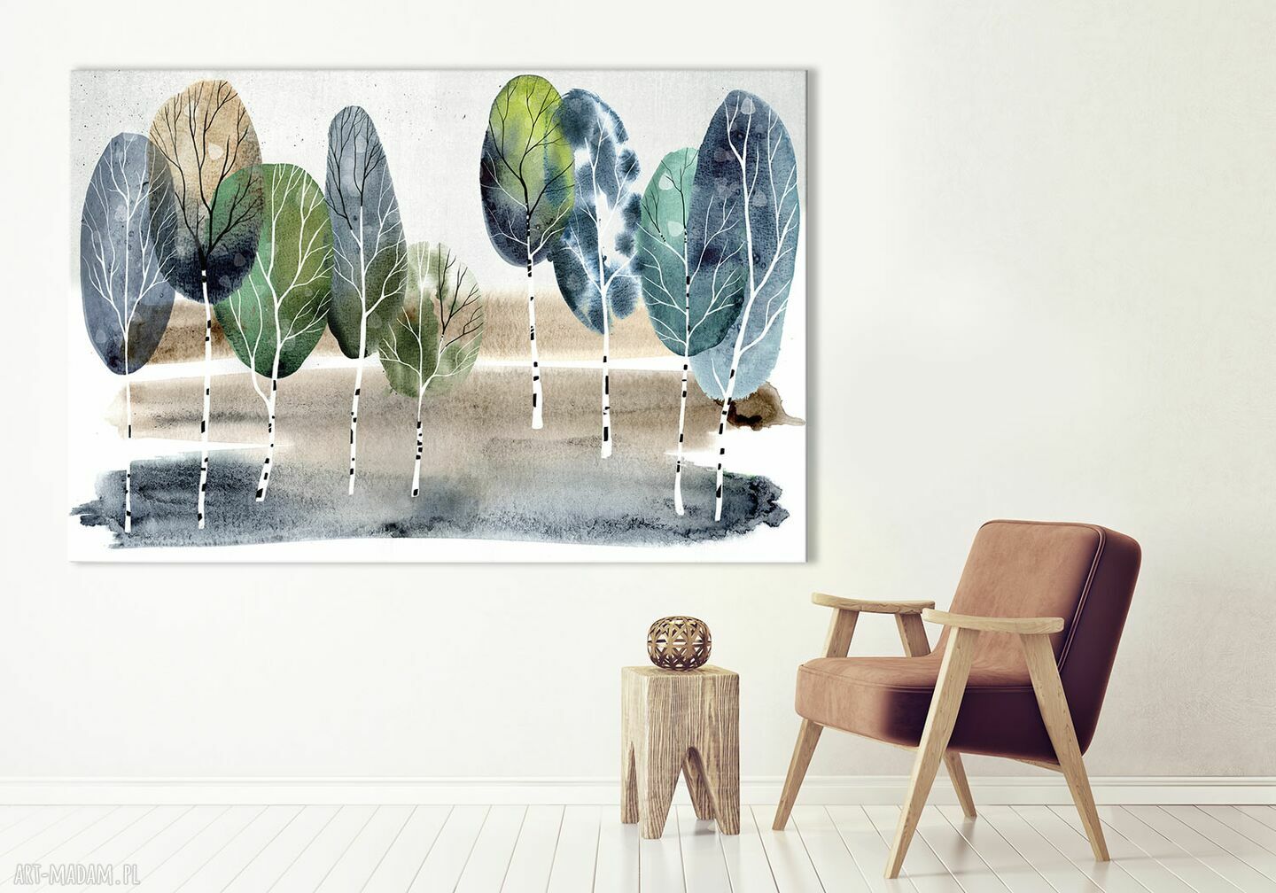 Akwarelowy pejzaż z brzozami do salonu 120x80 cm - druk na płótnie