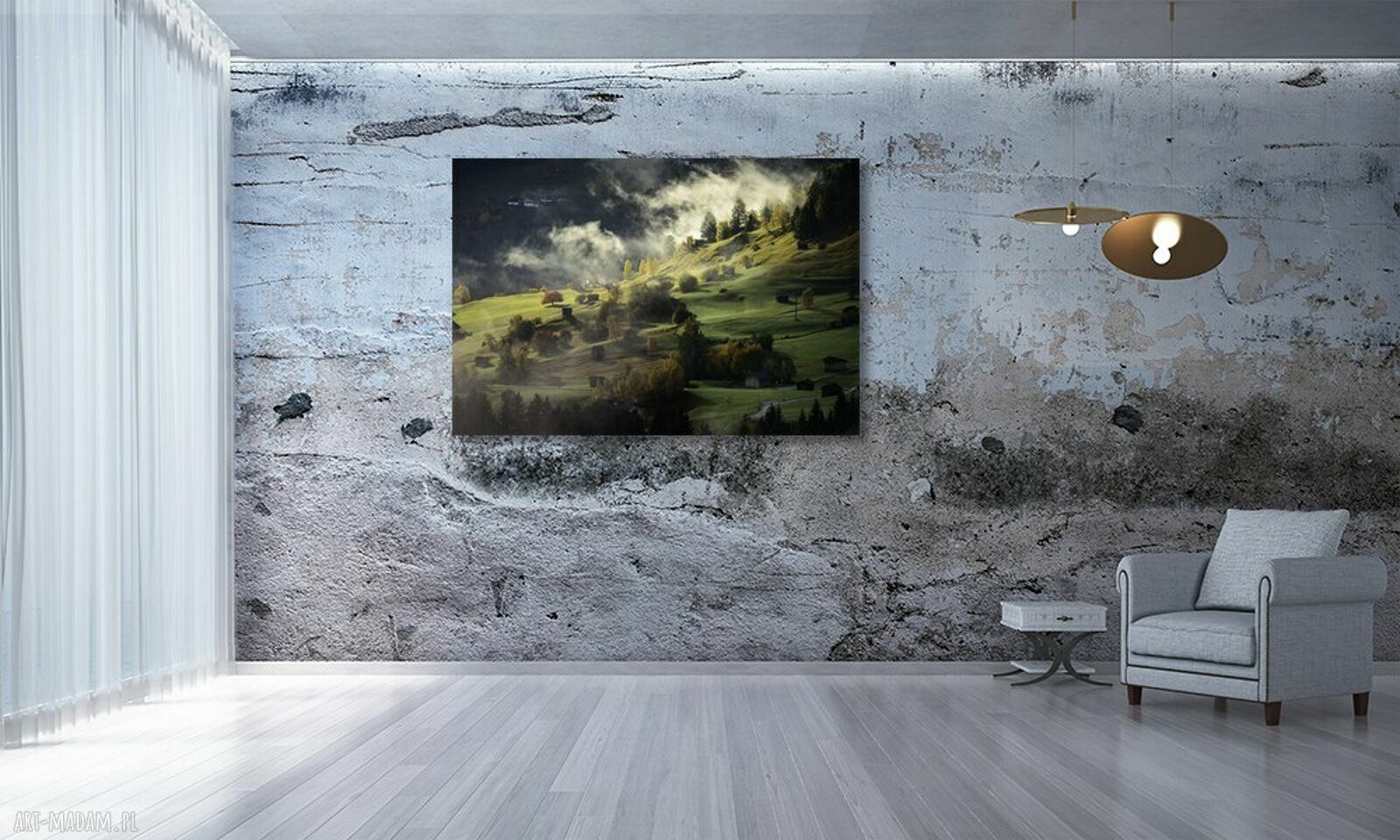 Obraz na płótnie Góry we mgle, las i wioska 120x80 cm