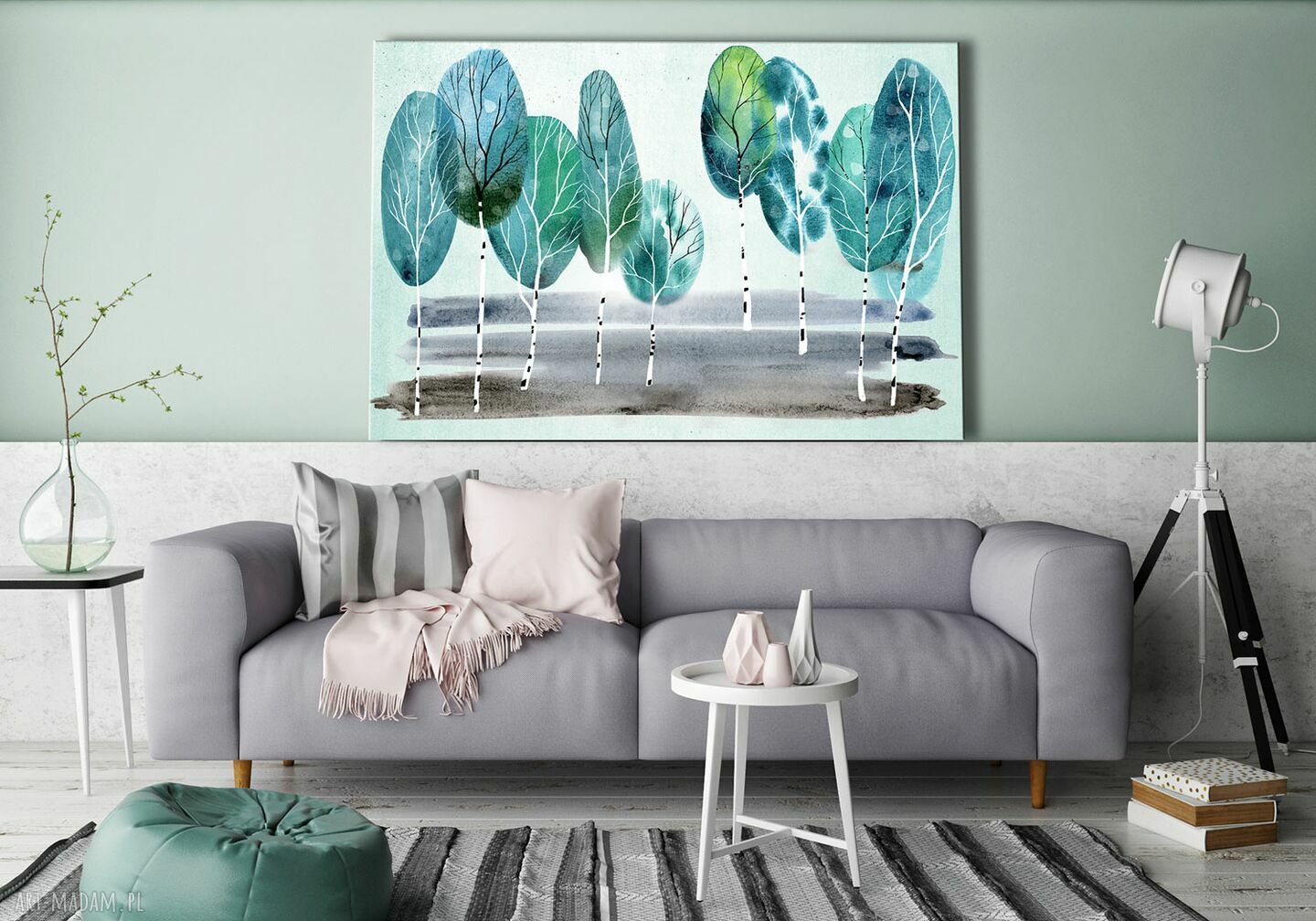 Obraz do salonu z brzozami 120x80 cm - akwarelowy pejzaż drukowany na płótnie