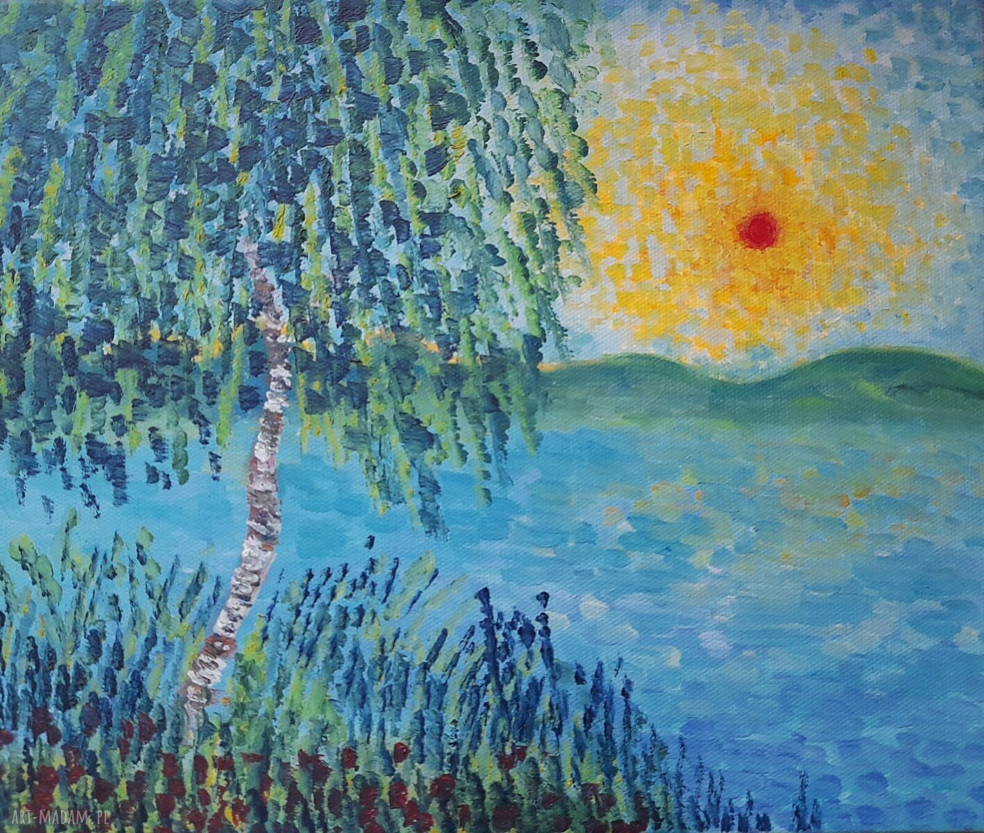 Obraz do salonu pejzaż z brzozą olej na płótnie 25x30 cm