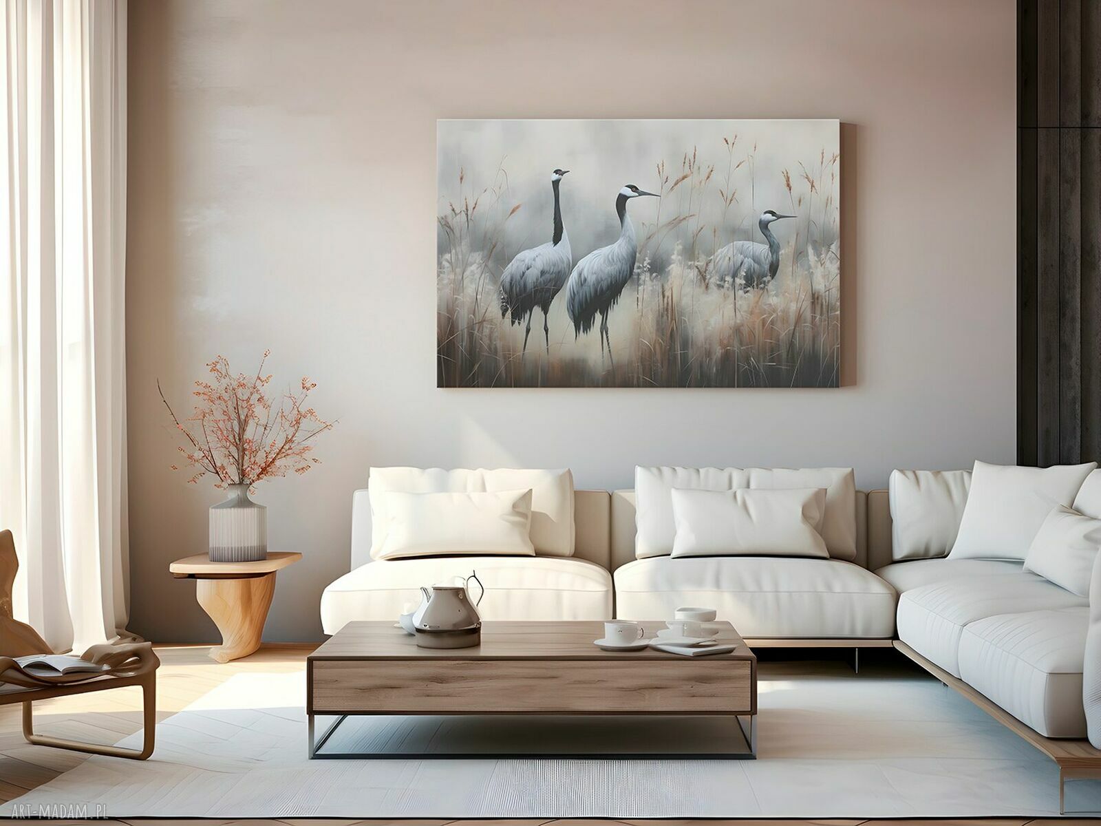Żurawie w trzcinach - obraz do salonu 70x50 cm na płótnie