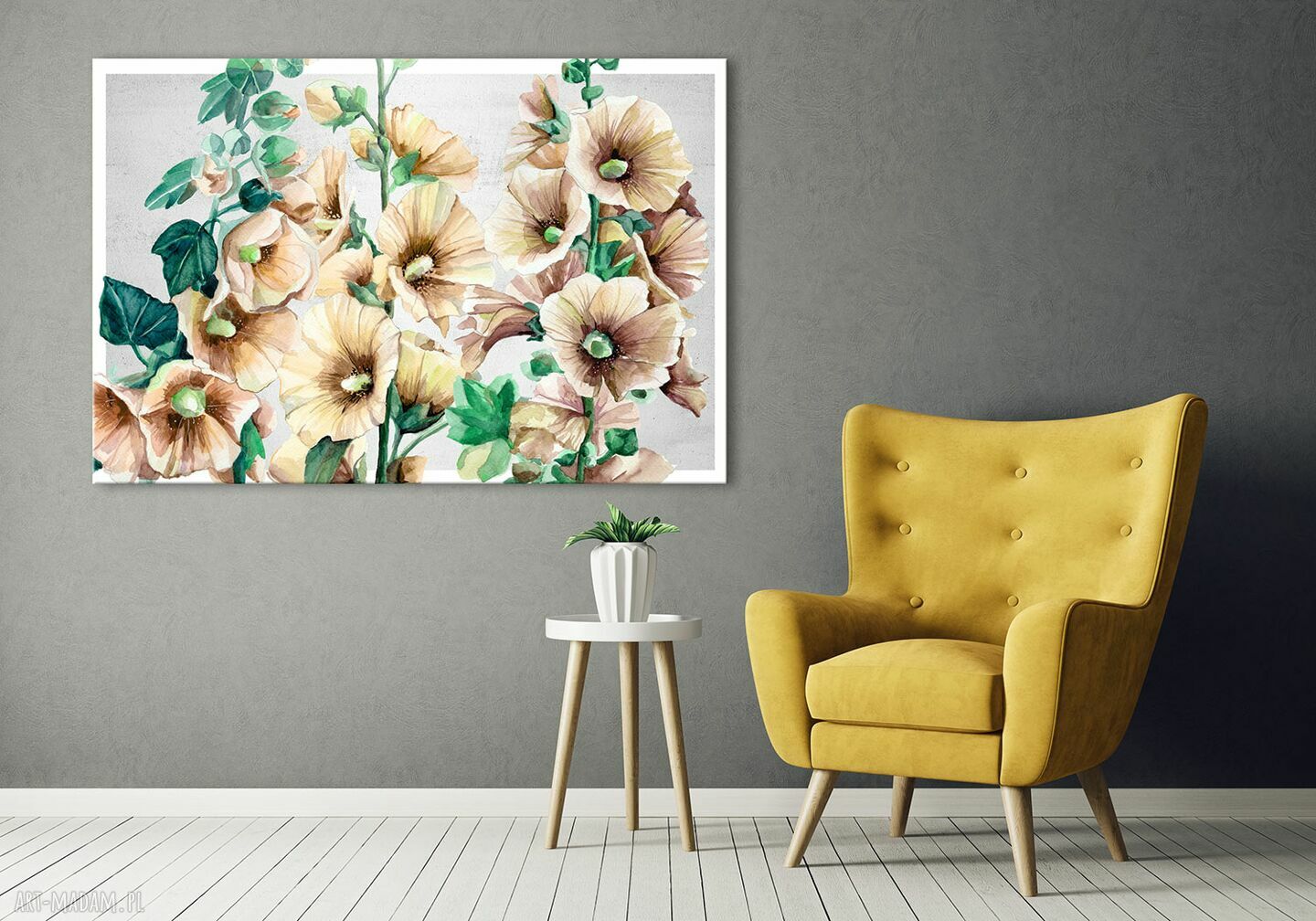 Obraz do salonu z różowymi malwami na ciemnej zieleni 120x80 cm