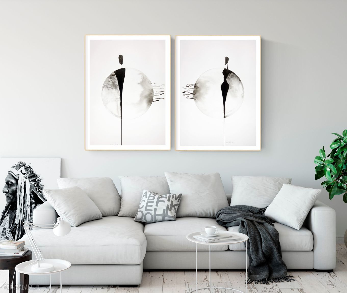 Zestaw 2 grafik 50x70 cm ręcznie malowany tuszem - czarno-białe abstrakcje w stylu minimal