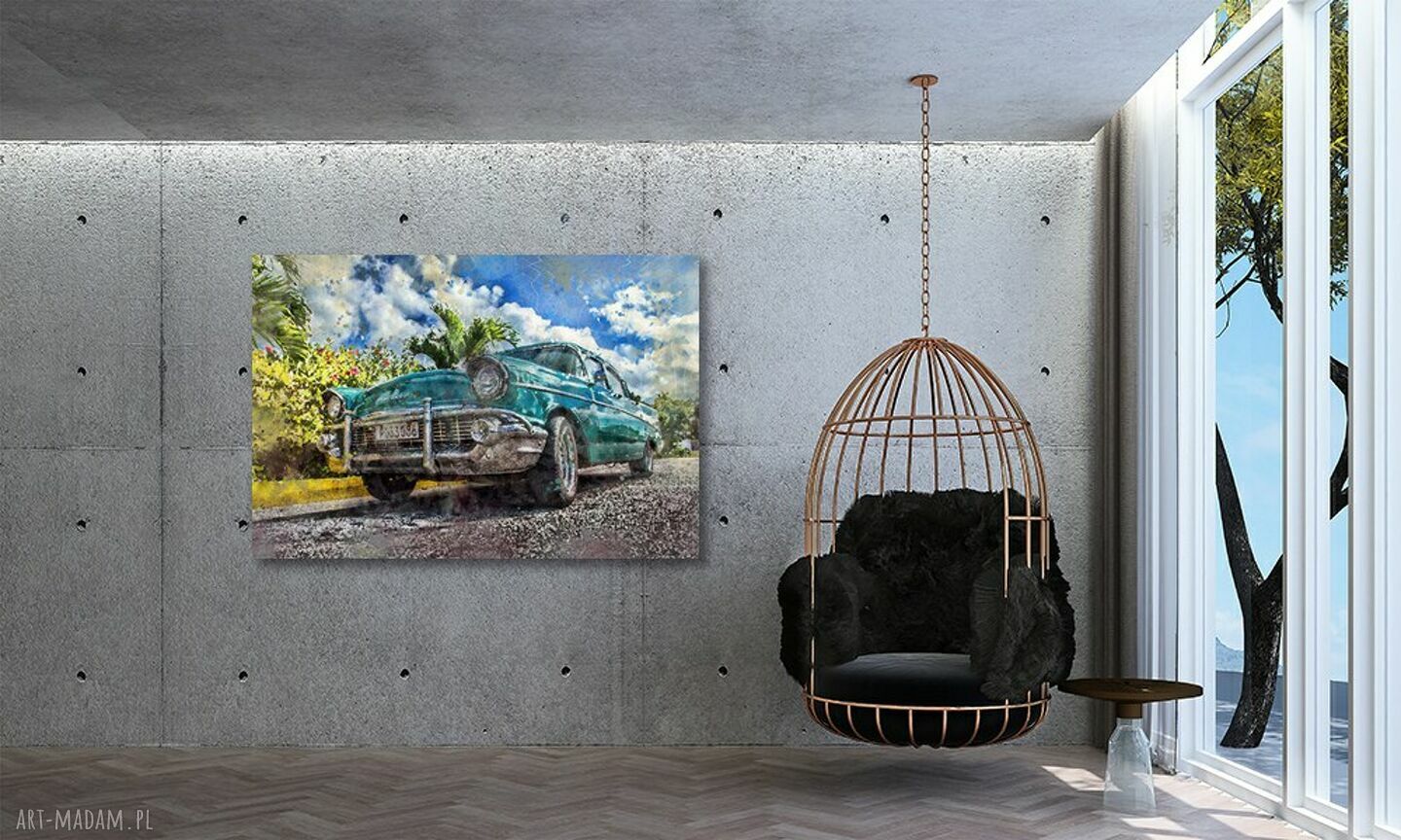 Turkusowy obraz na płótnie z retro samochodem 120x80 cm