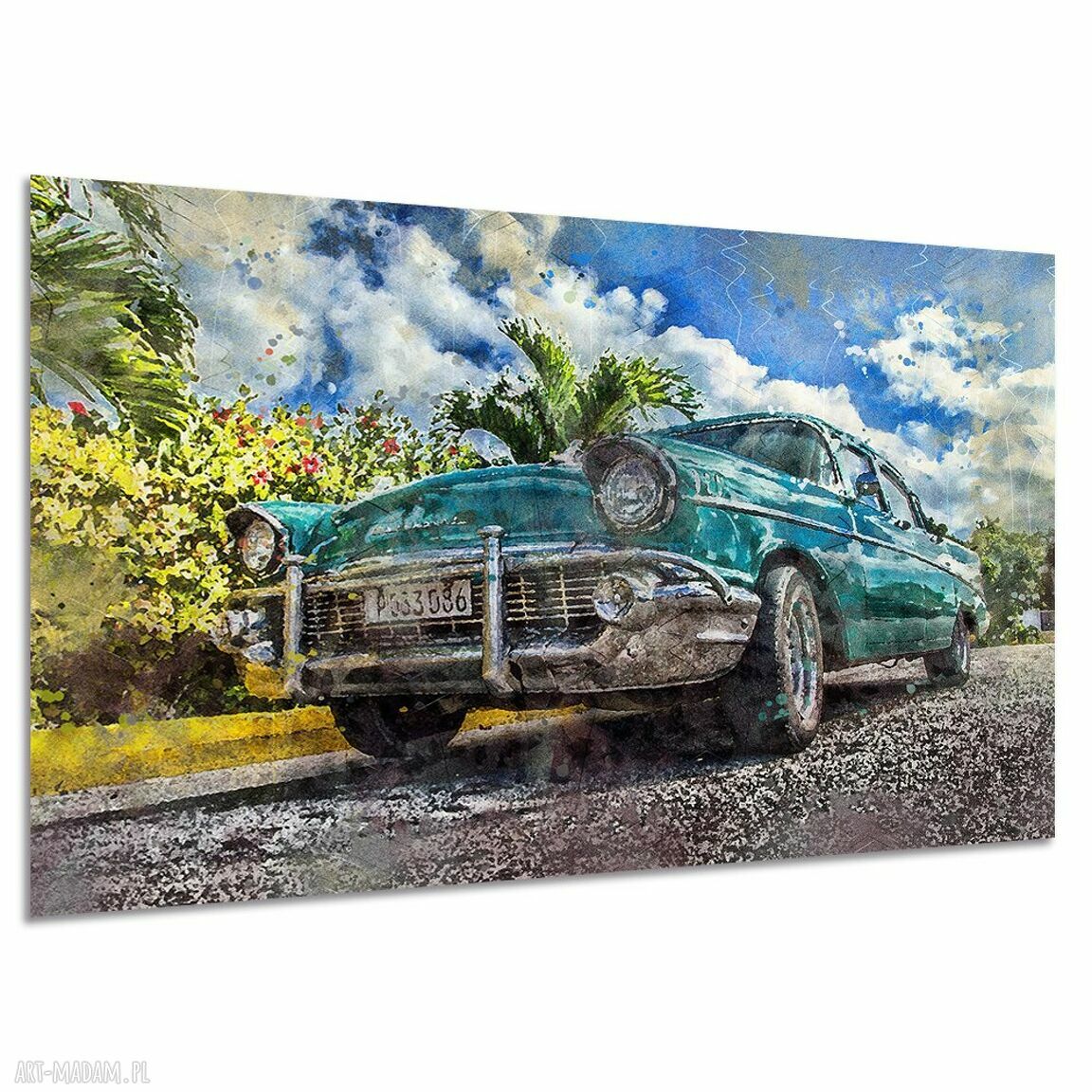 Turkusowy obraz na płótnie z retro samochodem 120x80 cm