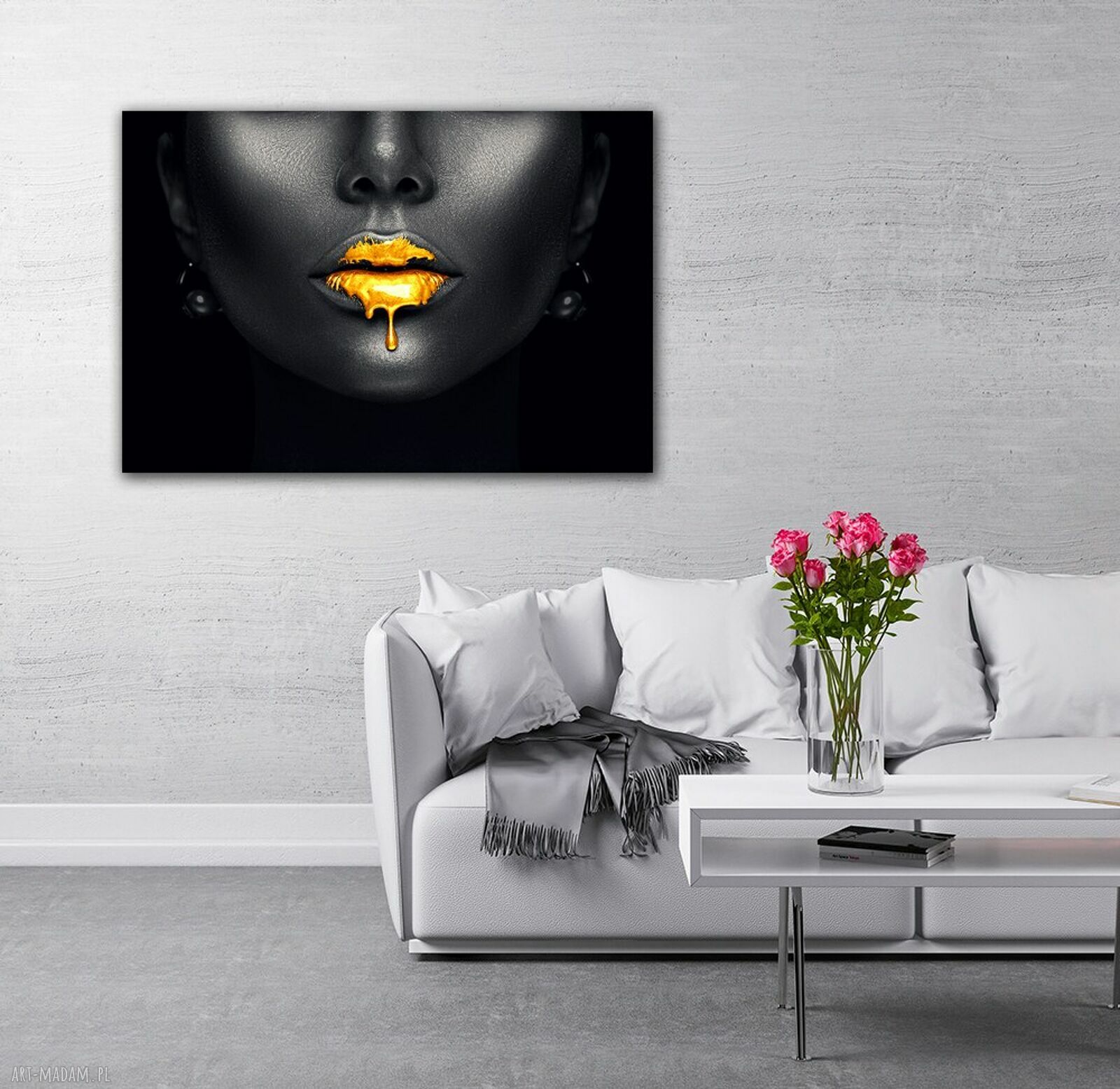 Obraz na płótnie do sypialni - złote usta i twarz 120x80 cm