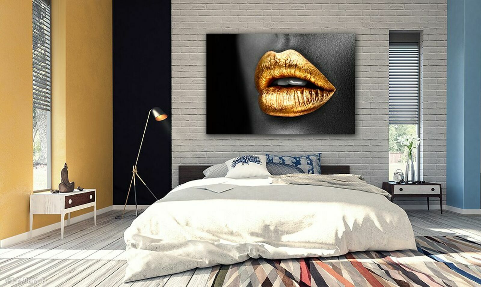 Obraz na płótnie do sypialni - złote usta, czarne tło, 120x80 cm