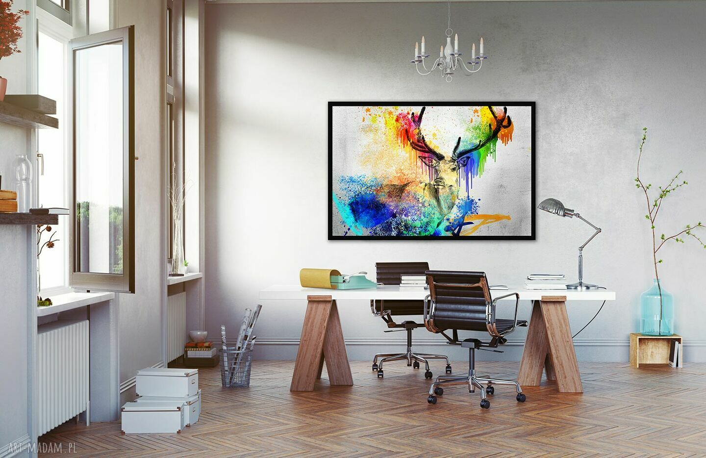 Obraz jeleń i abstrakcyjne plamy - druk na płótnie 120x80 cm 02587