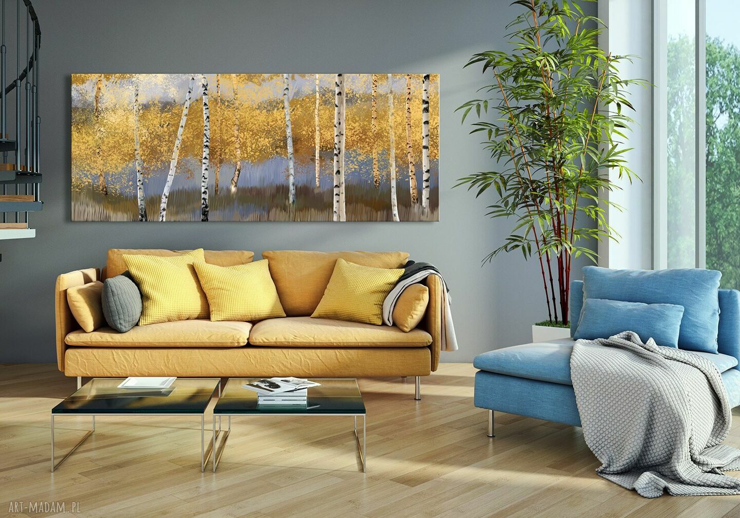 Pejzaż z brzozami na płótnie 147x60 cm w odcieniach brązów - gotowy do powieszenia