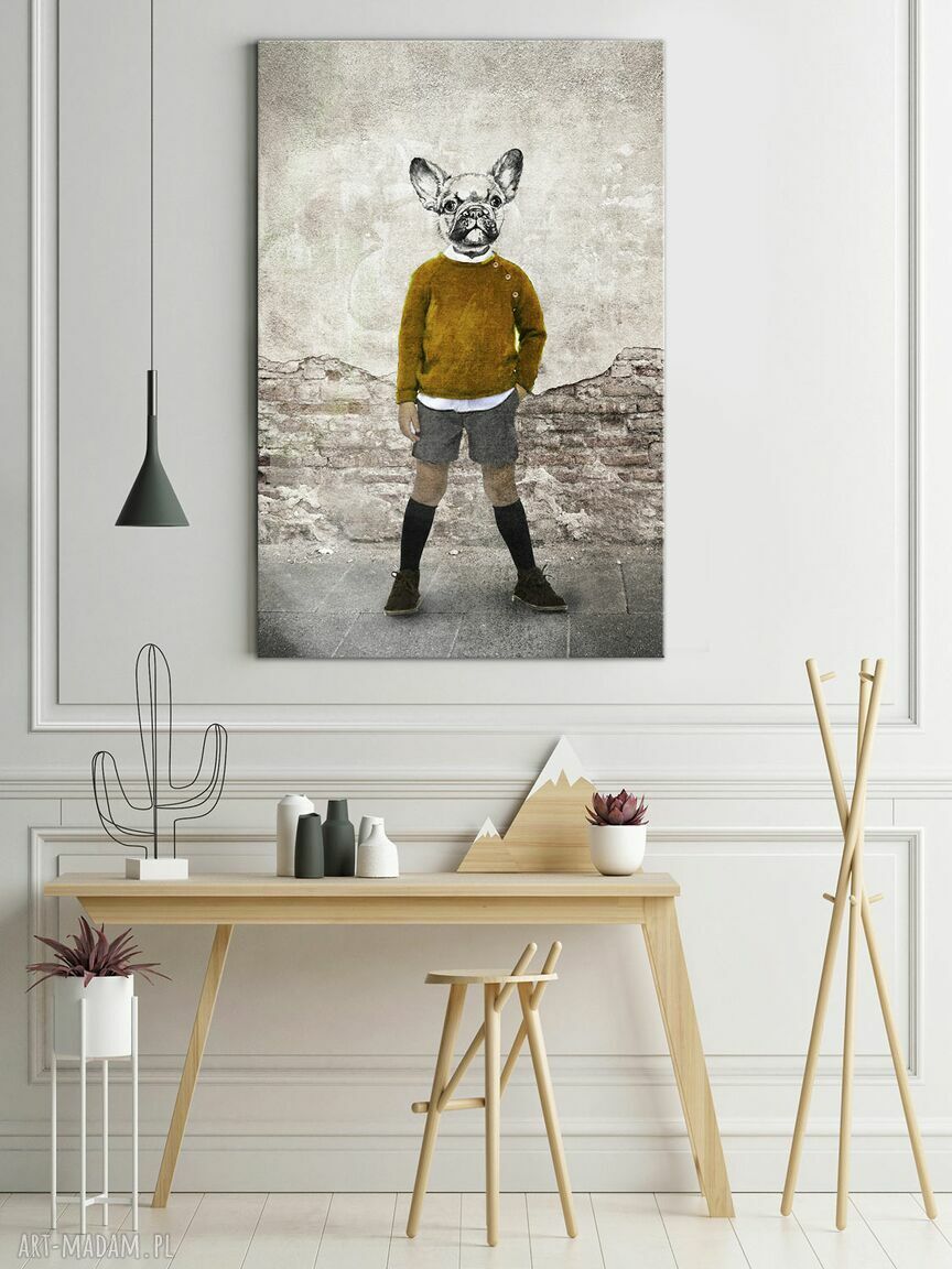 Obraz na płótnie Buldog Gustaw 80 x 120 cm - pies w swetrze