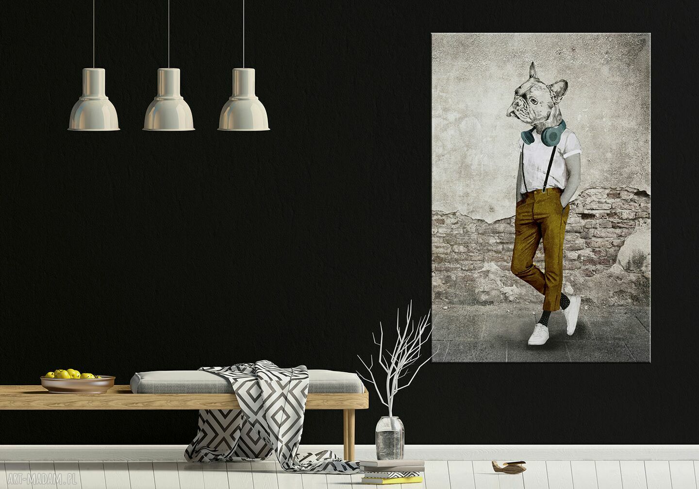 Obraz drukowany na płótnie Buldog w spodniach 80x120 cm do pokoju nastolatka