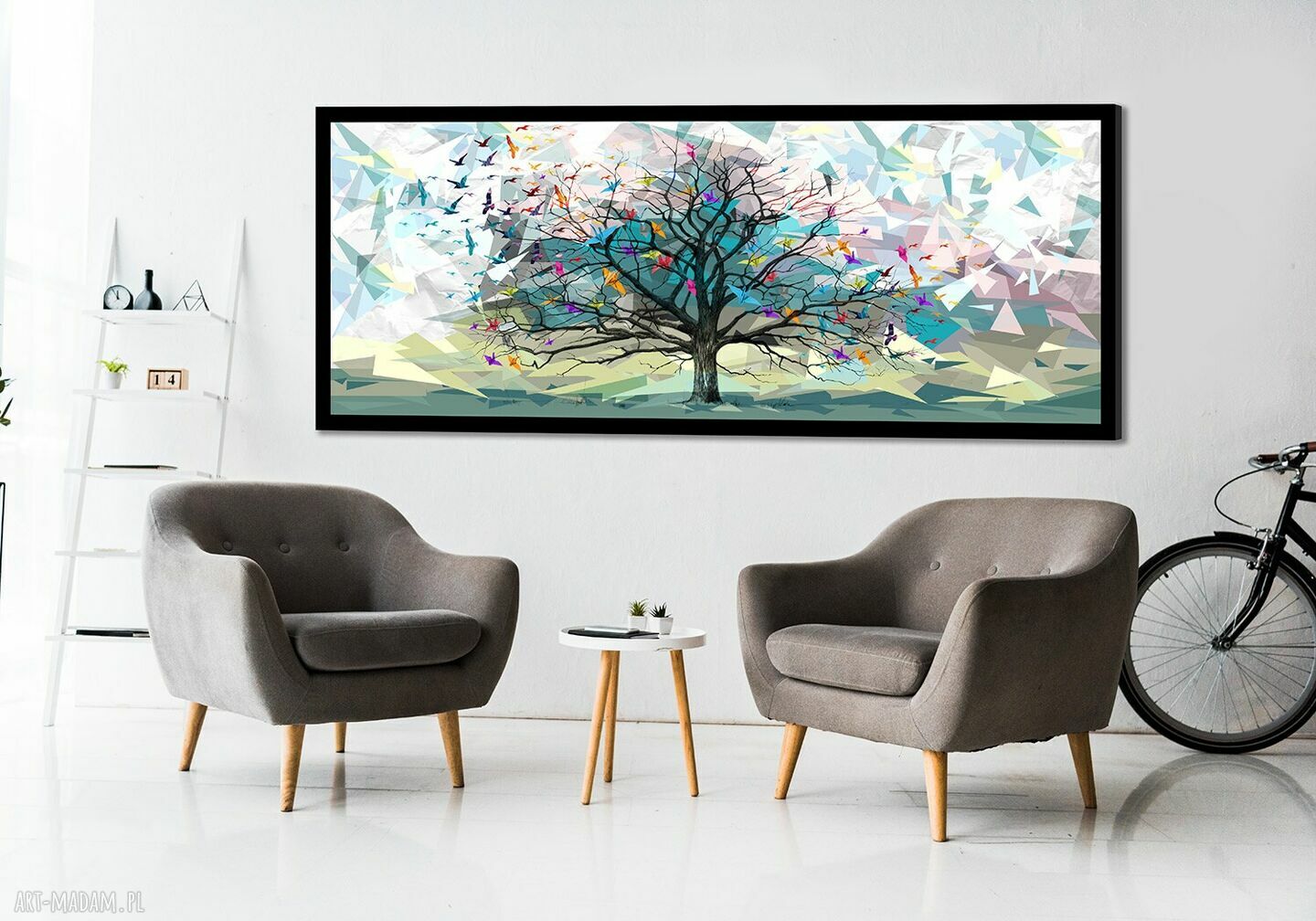 Obraz drukowany na płótnie - abstrakcyjne drzewo z ptakami origami 147x60 cm