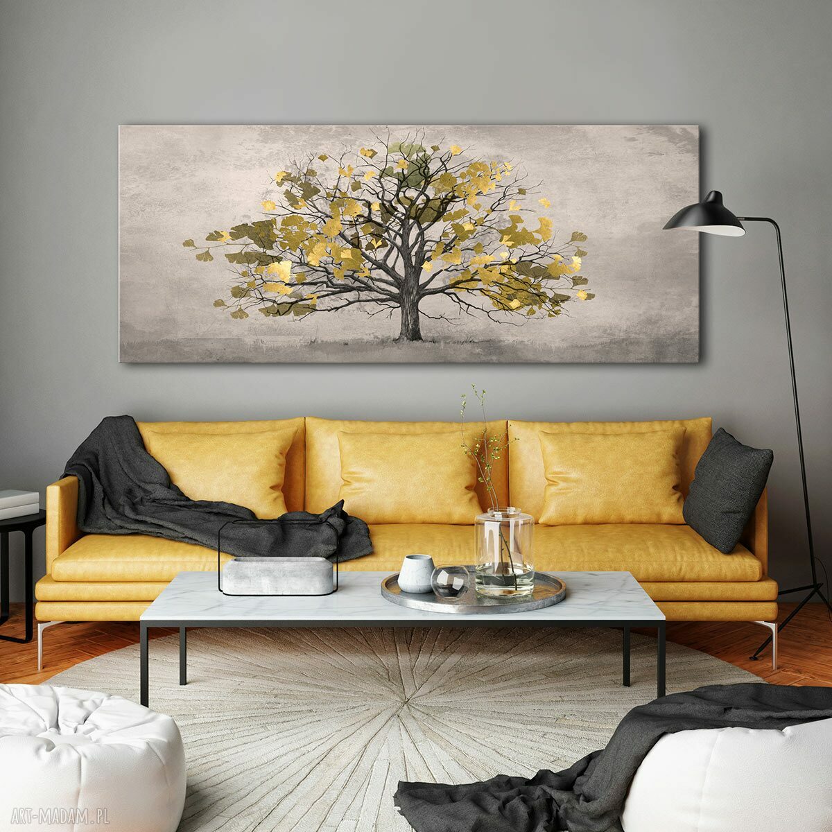 Pejzaż z drzewem w beżach - obraz na płótnie 147x60 cm