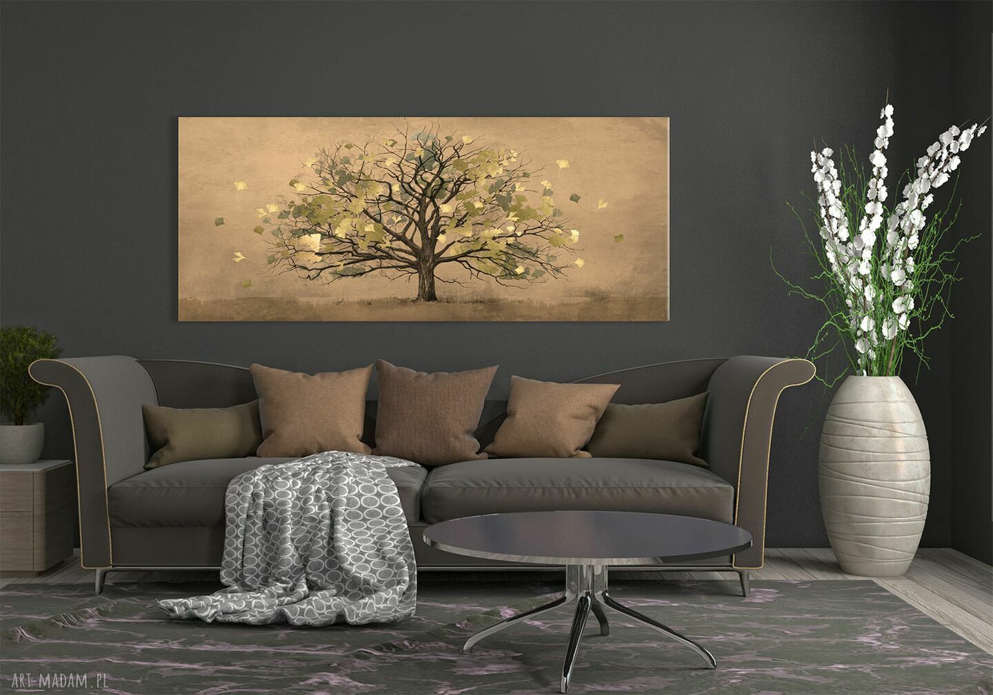 Pejzaż drzewo w brązach 147x60 cm - nowoczesny obraz na płótnie gotowy do zawieszenia
