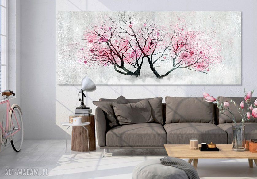 Obraz drukowany na płótnie - kolorowe kwitnące drzewo, różowe kwiaty 147x60 cm