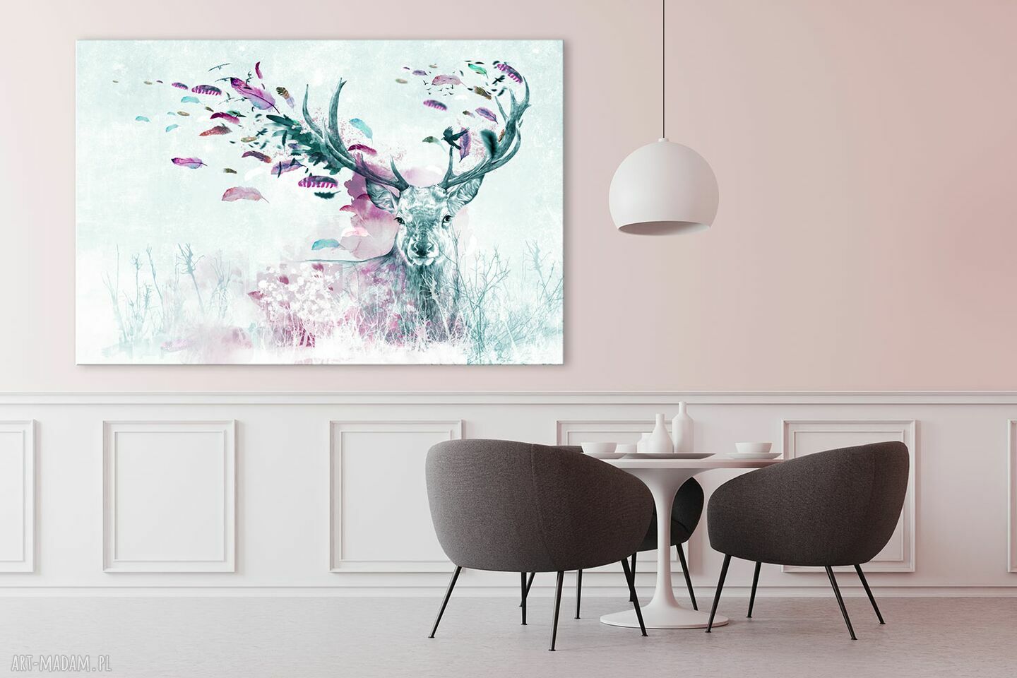 Jeleń wśród różowych piórek - obraz na płótnie 120x80 cm