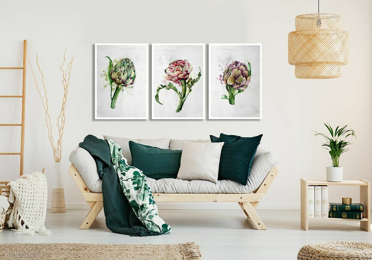 Obraz karczochy tryptyk 3x50x70 cm - akwarelowe rośliny na płótnie
