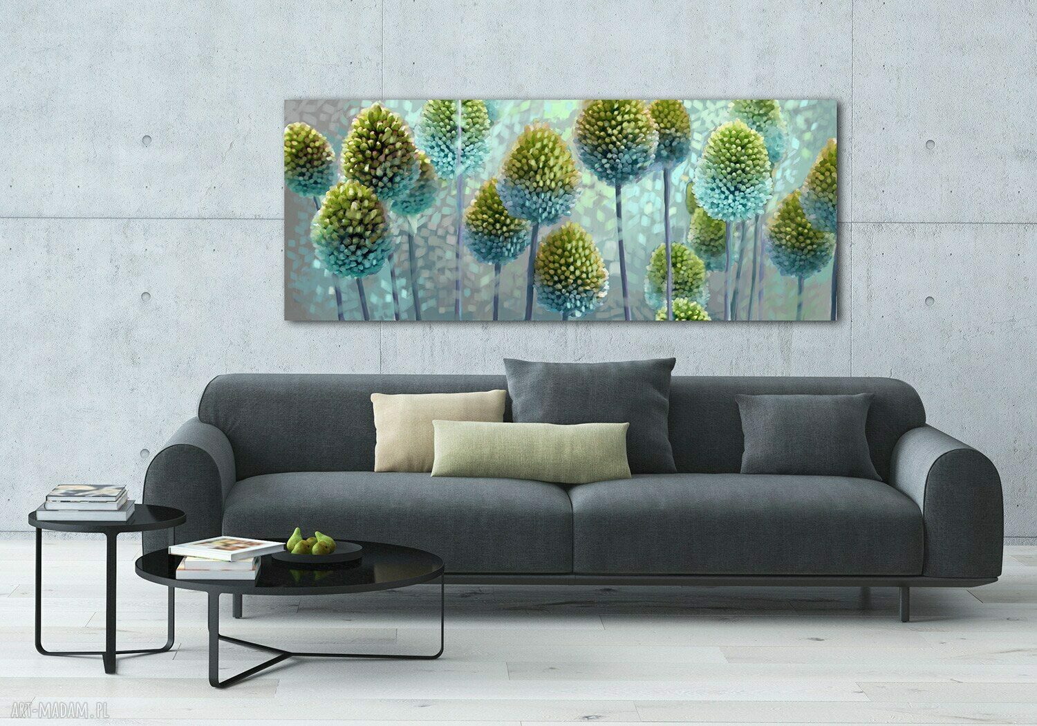 Kwiaty czosnków w błękitach - obraz drukowany na płótnie 147x60 cm