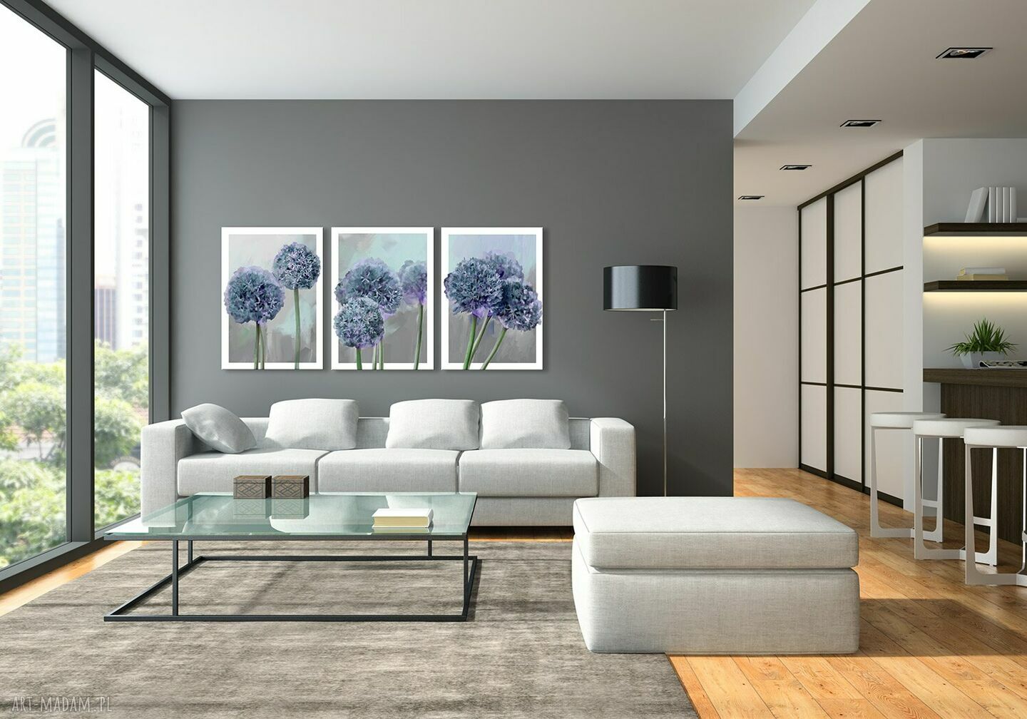 Kwiat Czosnku - nowoczesny tryptyk na płótnie 150x70 cm