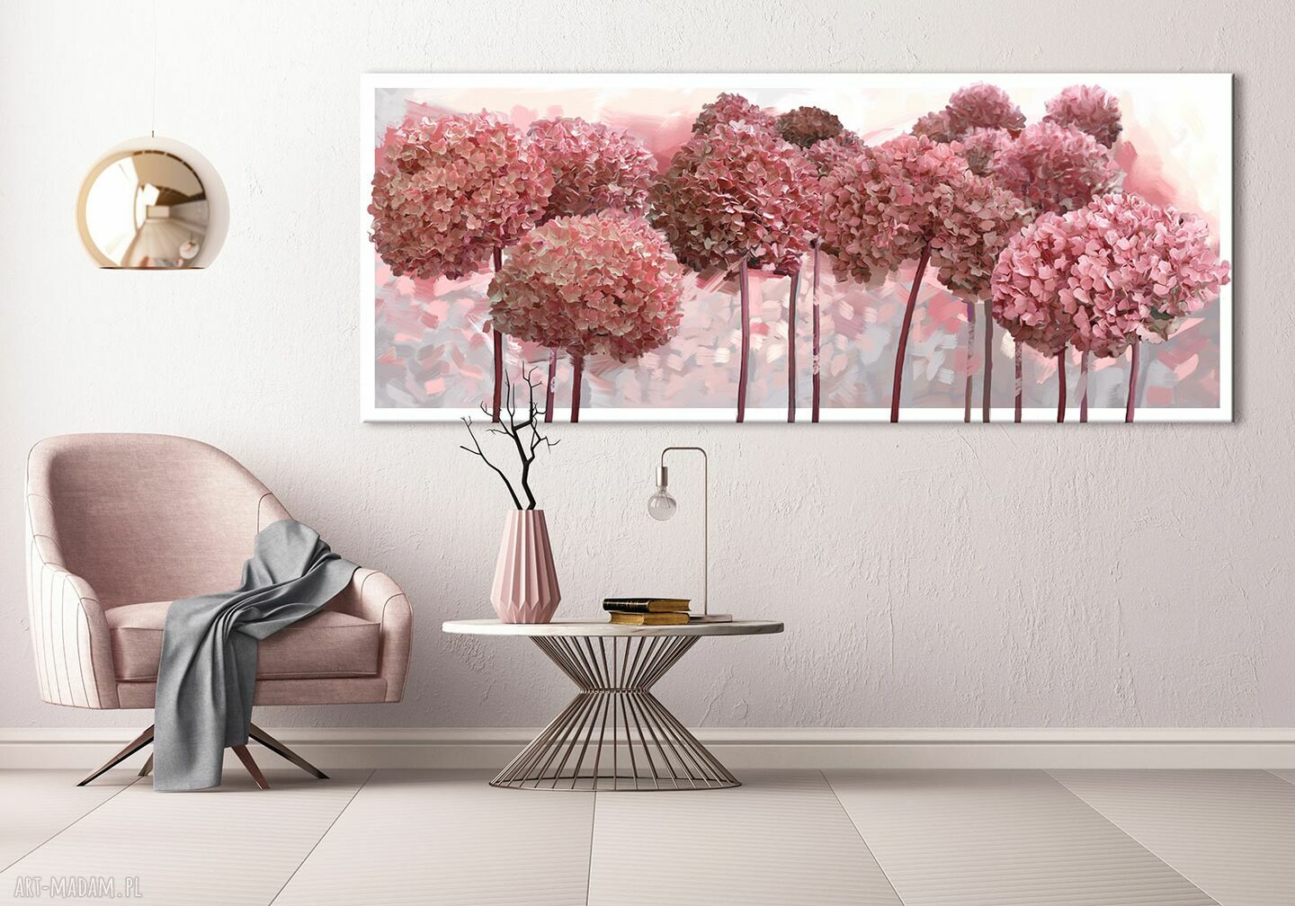 Różowe hortensje ogrodowe - obraz na płótnie 147x60 cm, gotowy do powieszenia