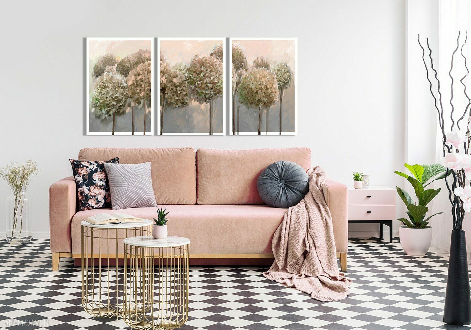 Tryptyk Hortensje na płótnie 150x70 cm - 3 części, gotowy do powieszenia