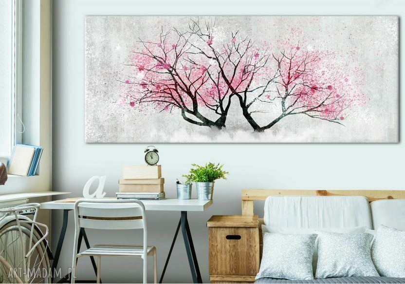 Obraz drukowany na płótnie - kolorowe kwitnące drzewo, różowe kwiaty 147x60 cm