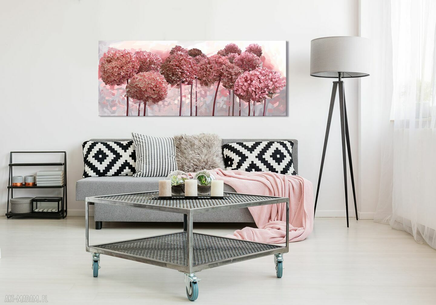 Obraz z różowymi hortensjami na płótnie 147x60 cm - gotowy do zawieszenia