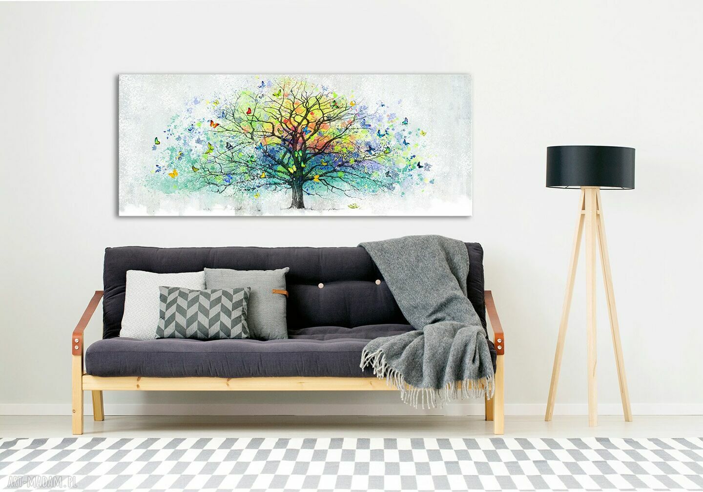 Abstrakcyjne drzewo z motylami - obraz drukowany na płótnie 147x60 cm