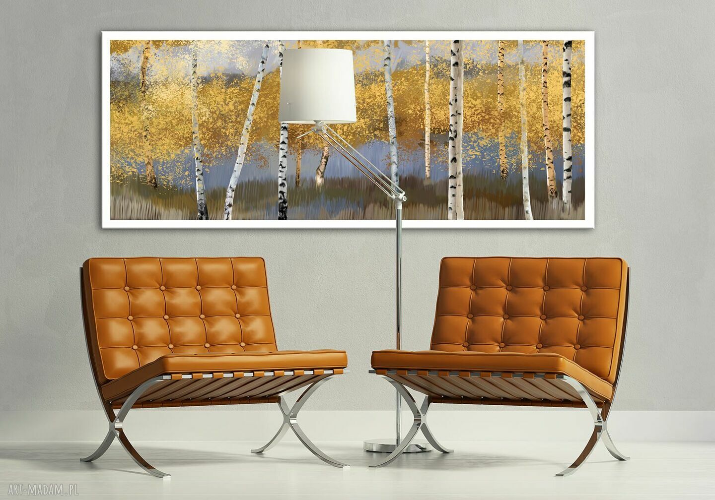 Pejzaż z brzozami na płótnie 147x60 cm w brązowych odcieniach