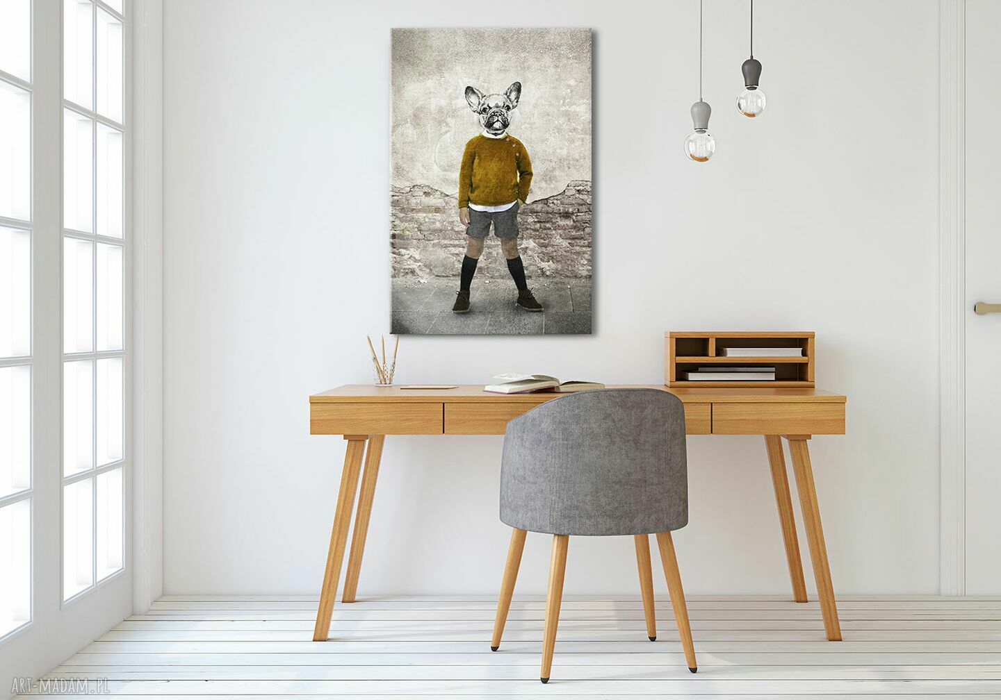 Obraz na płótnie Buldog Gustaw 80 x 120 cm - pies w swetrze